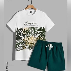 Manfinity Chillmode Men Tropical & Letter Graphic Tee & Drawstring Waist Shorts